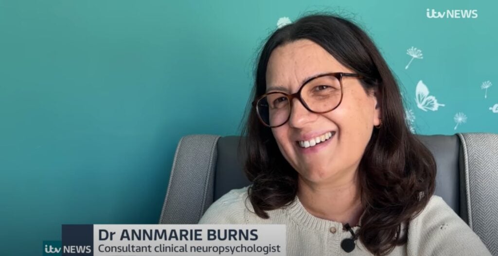 A screenshot of Dr. Annmarie Burns in her ITV interview. She is smiling and the ITV logo is in the corner.
