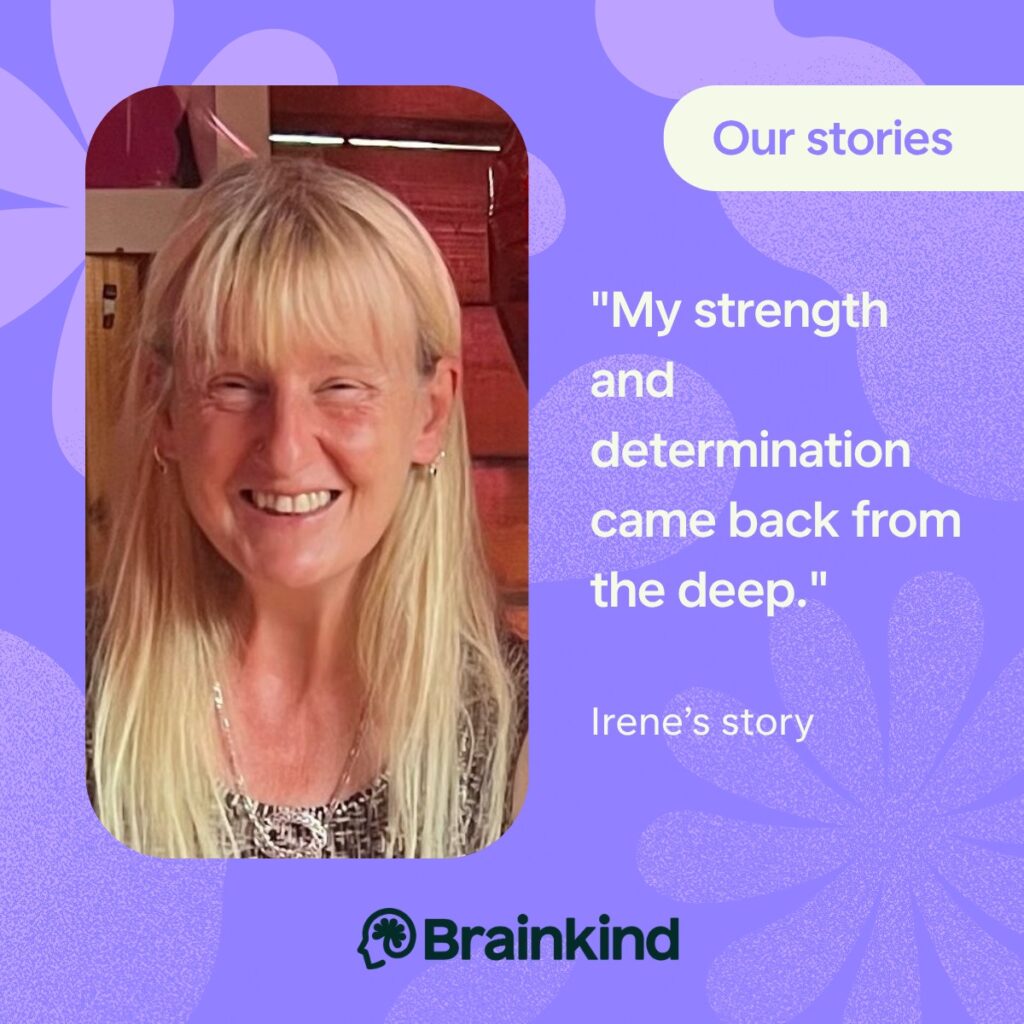 A purple Brainkind branded graphic featuring a photo of Irene Yardley. Irene is an older white woman with long blonde hair. She is smiling at the camera.